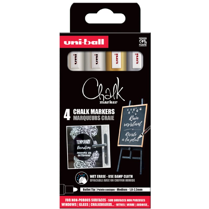 uni-ball krijtstiften PWE5M/4 PF, waterbestendig afwasbaar, 4 stuks
